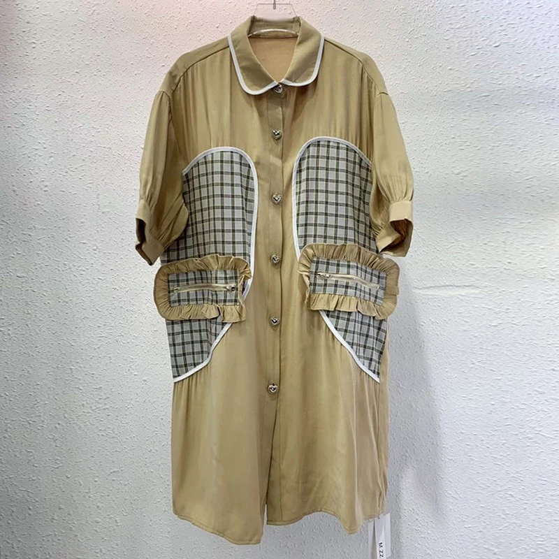 

Hit Color Patchwork Casual Dress For Women Lapel Short Sleeve Loose Waist Midi Dresses Female Summer 2021 New Style