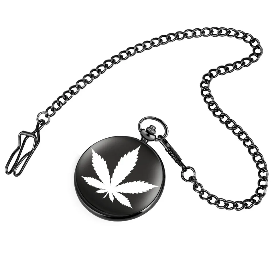 Pocket Watch Maple Leaf Design Smooth Black Quartz Pendant Clock Gifts for Men Women | Наручные часы