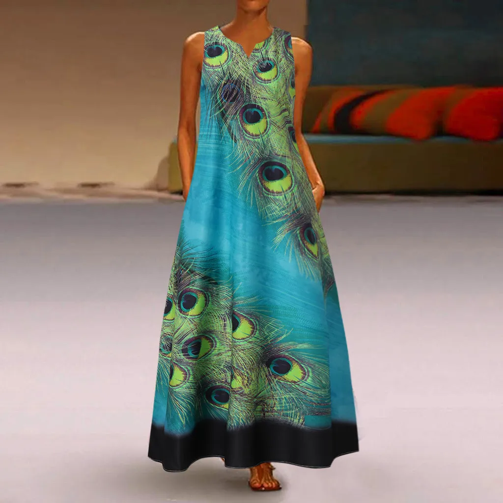 Платье женское с принтом павлиньих перьев Длинная летняя пляжная одежда без