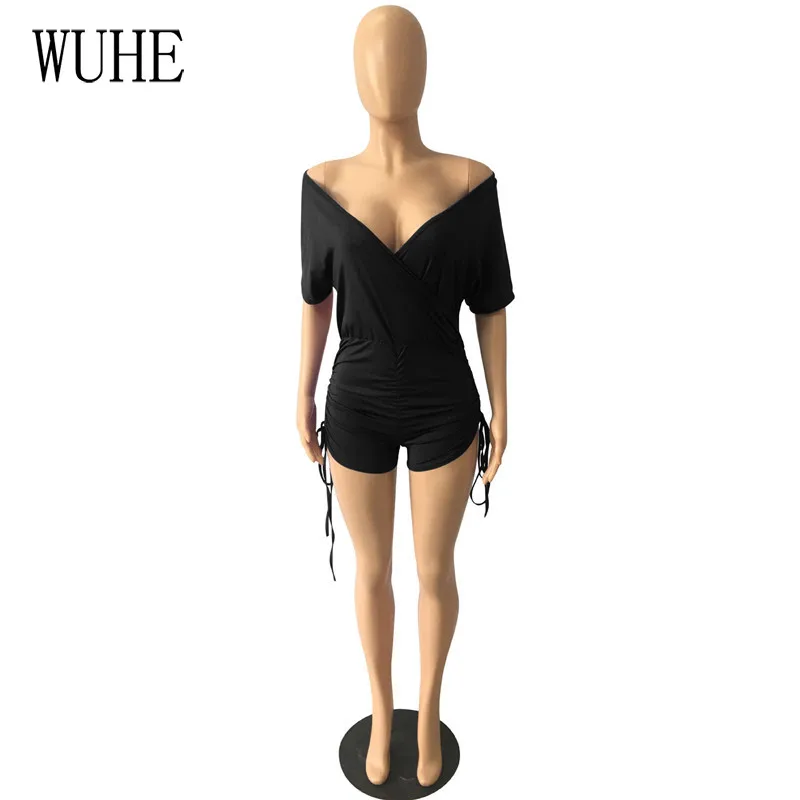 

WUHE Drawstring Lace Up Playsuits Short Bat Sleeve Sexy V Neck Package Hip Skinny Casual Sports Fieness Club Party Overalls
