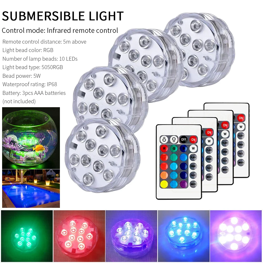 

4pcs/set IP68 Waterproof For Fish Tank 10 LEDs With Remote Control Submersible Light Pond Aquarium Battery Operated Garden