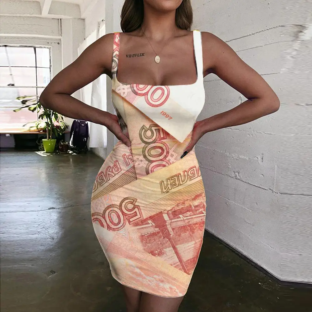 

KYKU Money Dresses Women Russian Ruble Ladies Dresses Russia Halter Sleeveless Abstract Vestido Sexy Harajuku Sundress