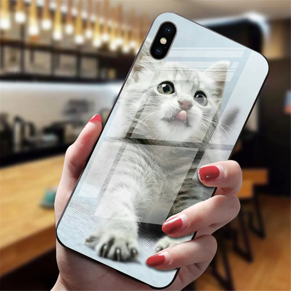 Забавная Милая задняя крышка с изображением кота для iphone XS Max XR X 5 5S 6 6S 7 8 Plus 11 Pro Max, милые чехлы из закаленного стекла - Цвет: 8043