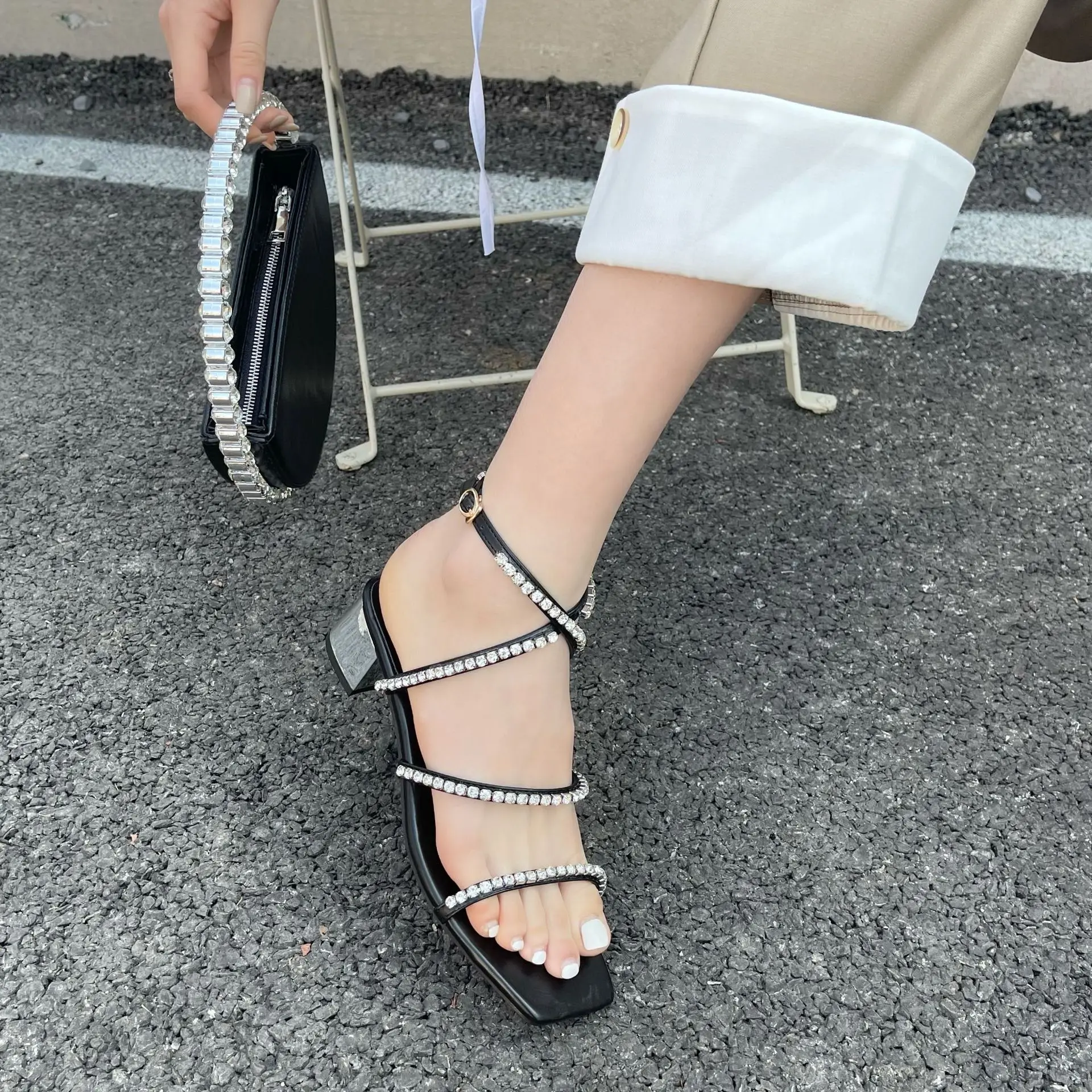

Net red sandals 2021 spring shoes style station diamond high heeled shoes with summer shoes