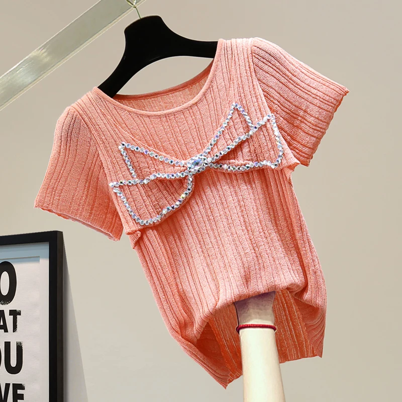 

Женские топы, футболка из вискозы с блестками и бантом, лето 2021, тонкая яркая шелковая вязаная рубашка с коротким рукавом, повседневный Унив...