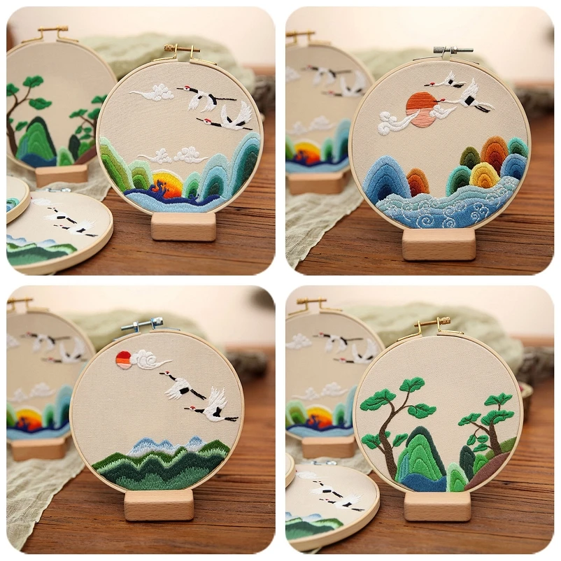 

Fairy Crane Landscape Embroidery Kit for Beginners DIY Embroidery Pattern Gift Embroidery Set Craft Kit English Description