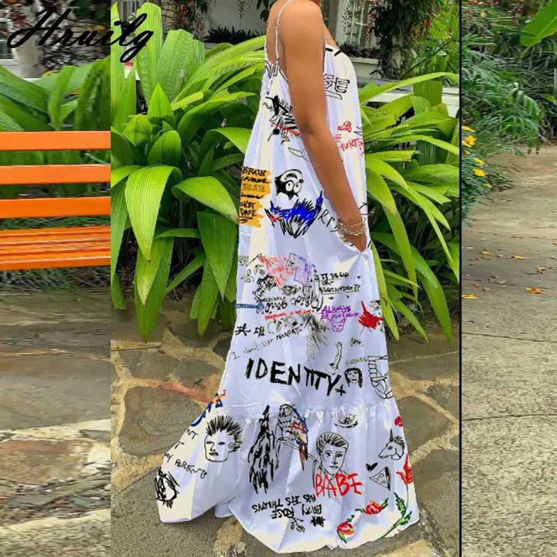 

Sexy Summer Dress Women Print Spaghetti Strap Sleeveless Maxi Dress Fashion Pocket Loose Plus Size Slip Dress Sukienki Letnie