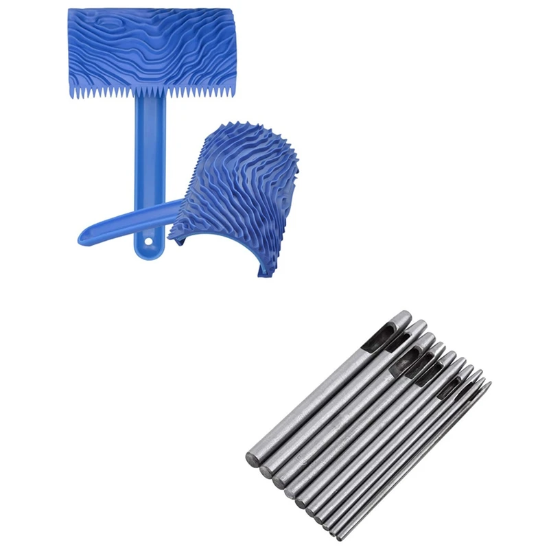 

2Pcs Wood Pattern Graining Washable Empaistic Wood Texture Tool With 10Pcs Leather Hole Punch Cutter Punch Set 0.5-5Mm