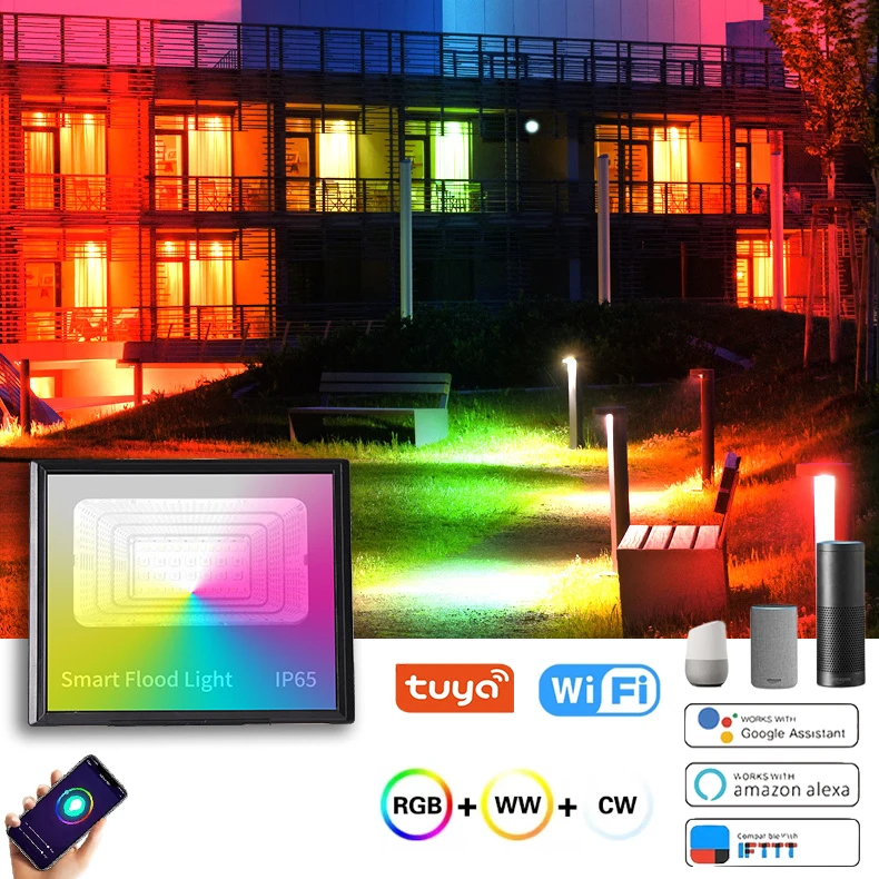 

Светодиодный прожектор IP65, водонепроницаемый уличный садовый прожектор 30 Вт, дистанционное управление через приложение, прожектор с голос...