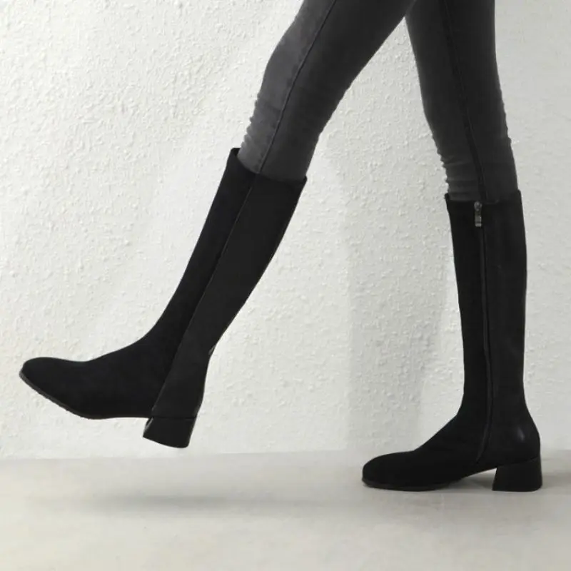 

RIZABINA Size 31-43 Women Knee Boots Thick Heel Square Toe Side Zipper Shoes Winter Warm Boots Women Office Casual Footwear