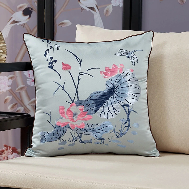

Jacquard Decorative Pillow Covers Blue Square Chinese Embroidered Lotus Sofa Cushion Cover Decoration for Couch Bed Room Car