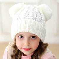 lovely big hair ball solid color wool hat autumn and winter warm earmuffs children twist braided double ball knit hat f30
