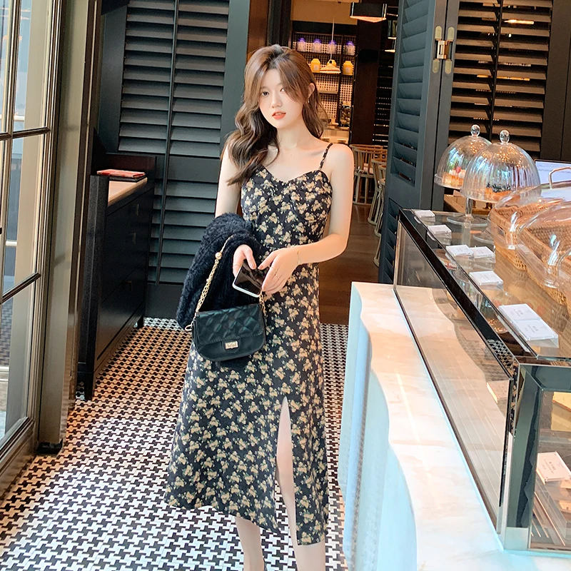 

Женское вельветовое платье Hebe & Eos с цветочным принтом и V-образным вырезом, привлекательное облегающее платье миди на бретелях-спагетти с ра...