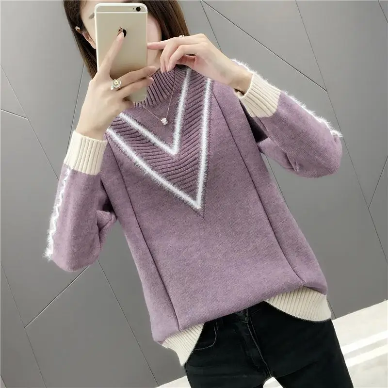 2021 Autumn And Winter New Korean Version Of The Loose Half-neck Sweater Women's Fashion Color Matching Short Tide | Женская одежда