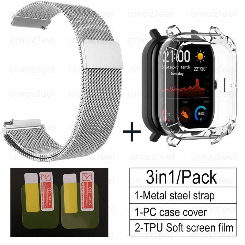 silver-Transparent 3в1 Для Amazfit GTS ремешок+ ТПУ чехол для Huami Amazfit gts Smartwatch Защитная пленка для экрана браслет ремешок на запястье - Цвет: silver-Transparent