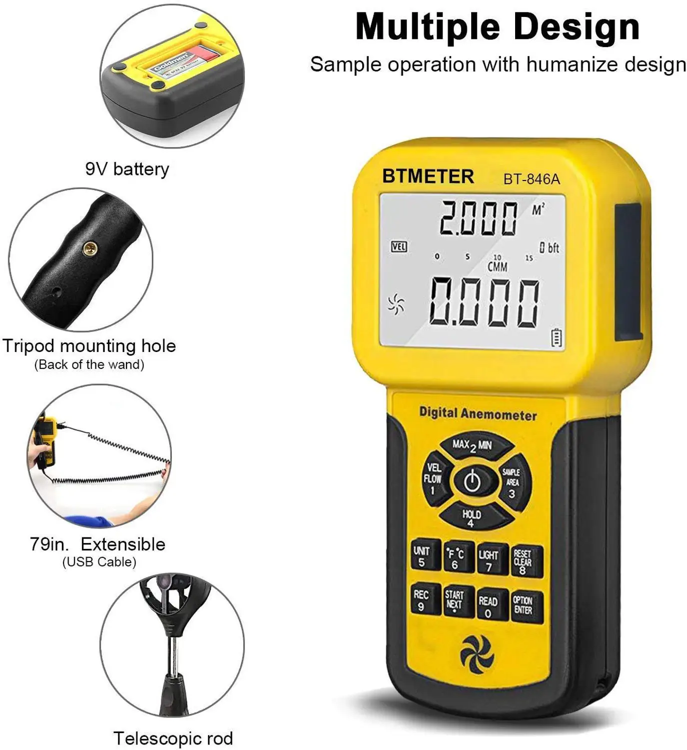 Фото BTMETER 846A Pro Анемометр HVAC Измерение скорости ветра Тестер температуры ветра CFM Измеритель скорости потока воздуха с подсветкой №5