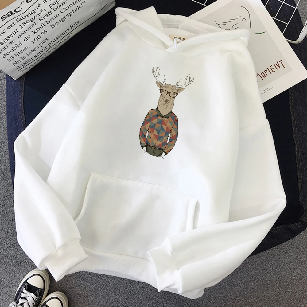 

Gentleman's Deer Graphic Print Harajuku Fleece Warm Women Hoodies Oversized Creative Cartoon Sweatshirt Soft Sprout Streetwear