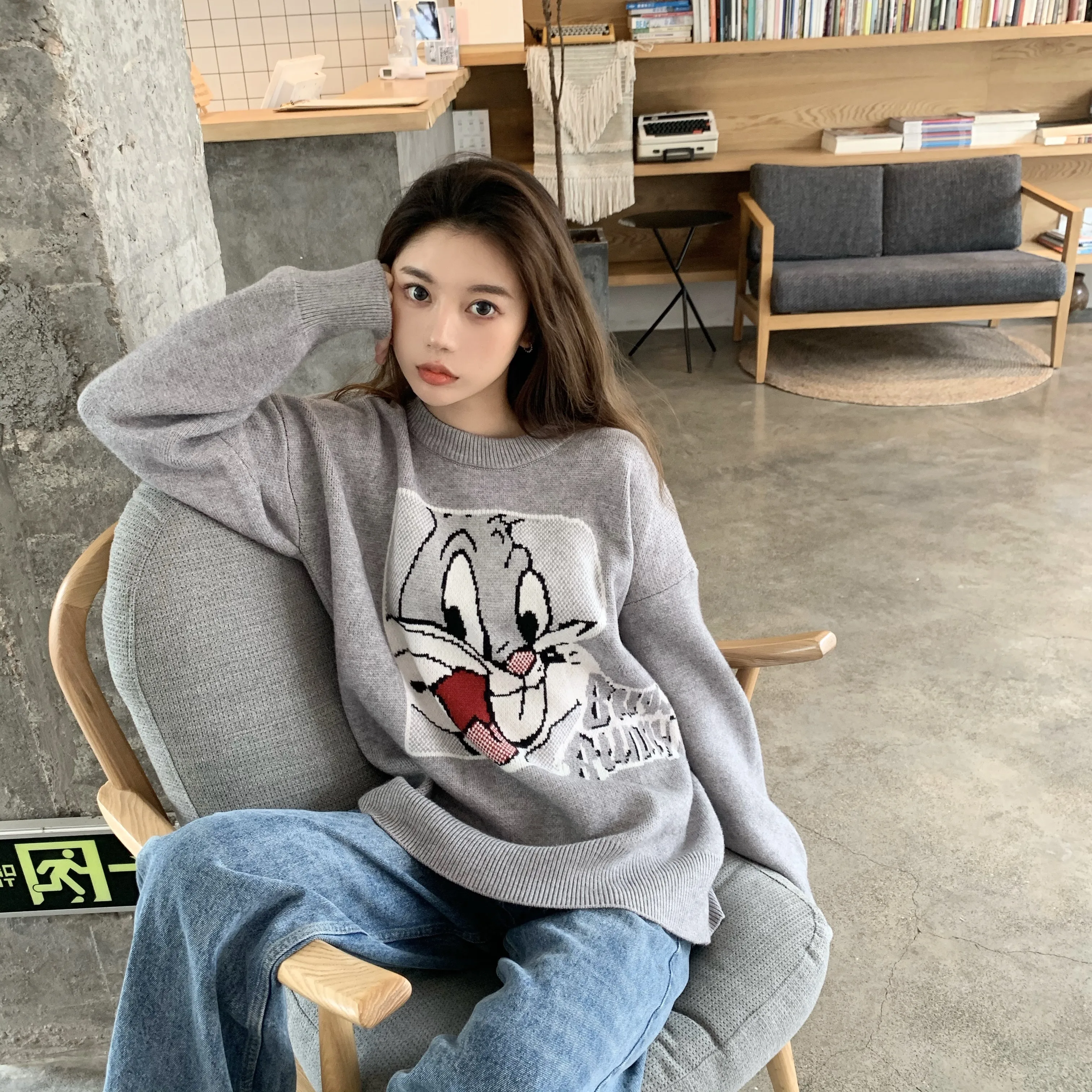 

Cartoon Lmage Rabbit Thin 2020 New Autumn And Winter Knitted Sweater-Style Round-Neck Women's Loose-Fit