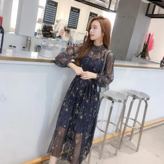 Женское весенне осеннее сексуальное кружевное платье с вышивкой звездное небо