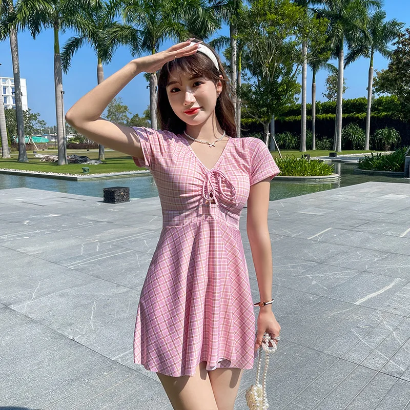 

Women's One Piece Swimwear 2022 Lady Bathing Suit Sexy Plaid Swimsuit Elegant Korean Plus Size Swimwear
