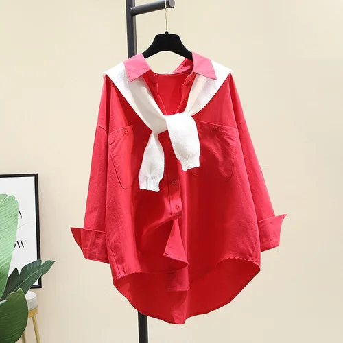 

Two-Piece White Knitted Shawl + Shirt for Woman 2021 Spring and Autumn New Korean Style Loose Casual Long Sleeve Top Stree twear