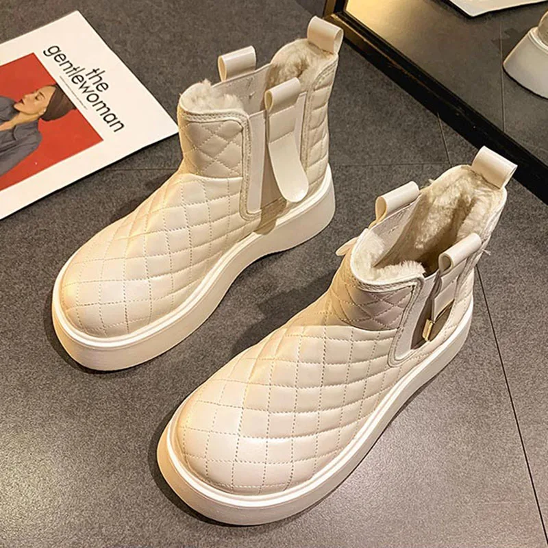 

New Women Ankle Boots Mid Heel Slip-on Metal Decoration Female Snow Boots Korean Style Plush Warm Comfort Ladies Foot-wear