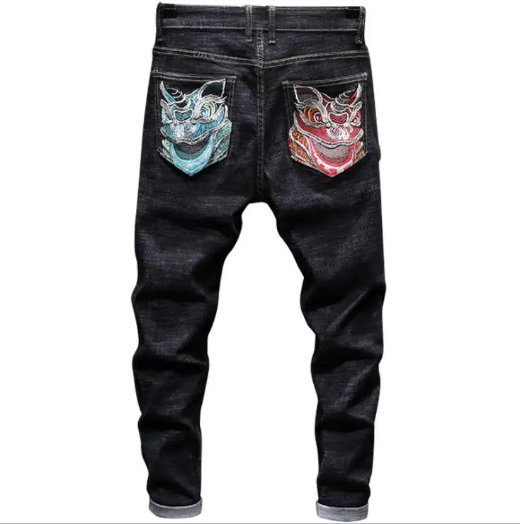 Men's slim jeans embroidered lion black Stretch мужские джинсы denim trousers men pants european american style original
