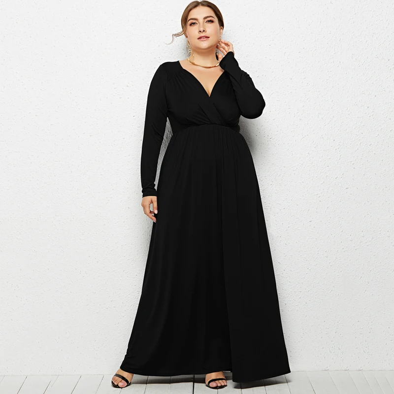Плюс Размеры Осень Платье макси с длинным рукавом эластичной резинкой на талии v