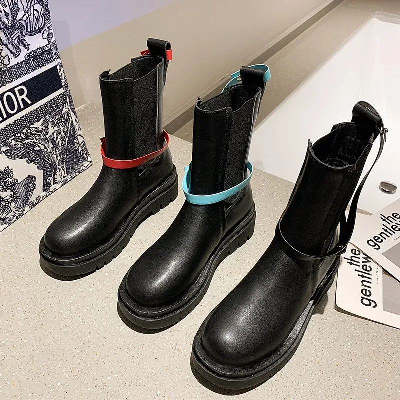 

Women Boots Autumn Winter 2021 New Fashion Chelsea Mid Boots Woman Ankle Boots Rubber Platform Boots Ladies Slip-On Martin Boots