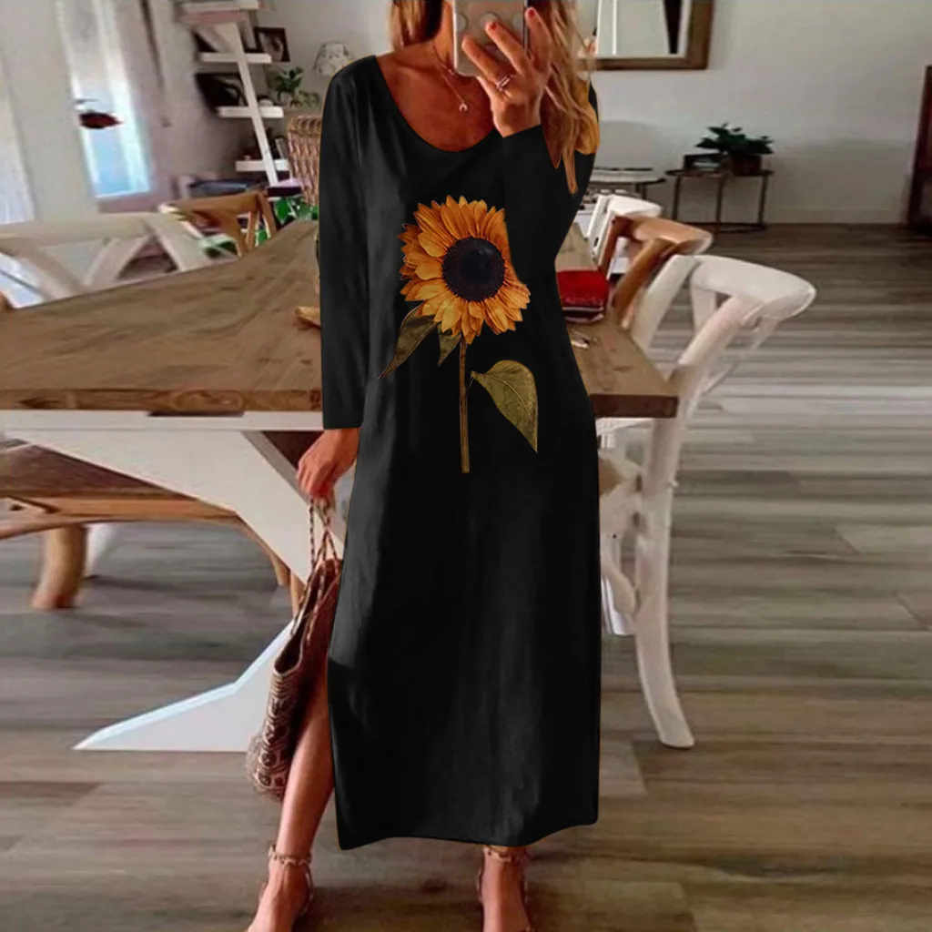 

Summer Dress 2021 Fashion Women's Dress Casual Sunflower Print Long Sleeves Ruffle Dress Holiday Dinner Print Boho Sundress Robe
