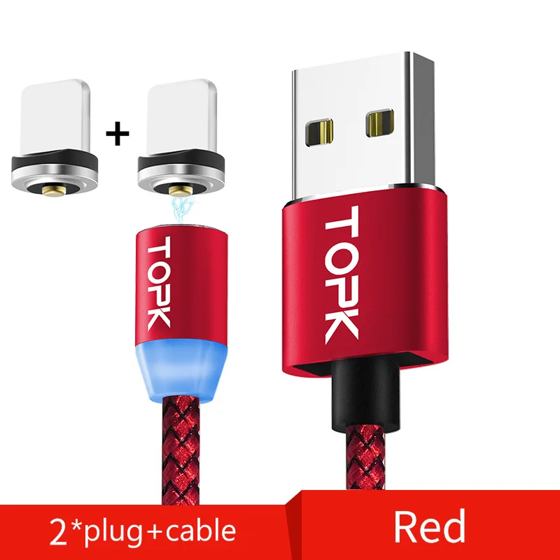 2 Plug 1 Cable Red TOPK 1 м светодиодный магнитный кабель для iPhone Xs Max Xr 8 7 6 магнитная зарядка usb type C кабель и Micro USB кабель для samsung Xiaomi huawei USB C - Цвет: 2 Plug 1 Cable Red