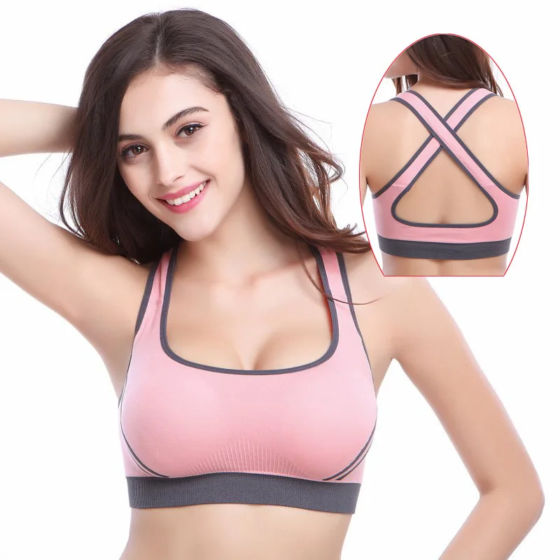 

Wholesale Seamless Tank Top Shockproof Nylon Spandex Women Pink Underwear Racer Pastel Logo Print Cross Back Pink Yoga Bra