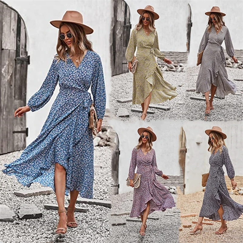 

2021 Women Dress Casual Long Sleeve Wrap Dress Flower Print V-neck Dress Autumn Winter Elegant Gentle Long Dress