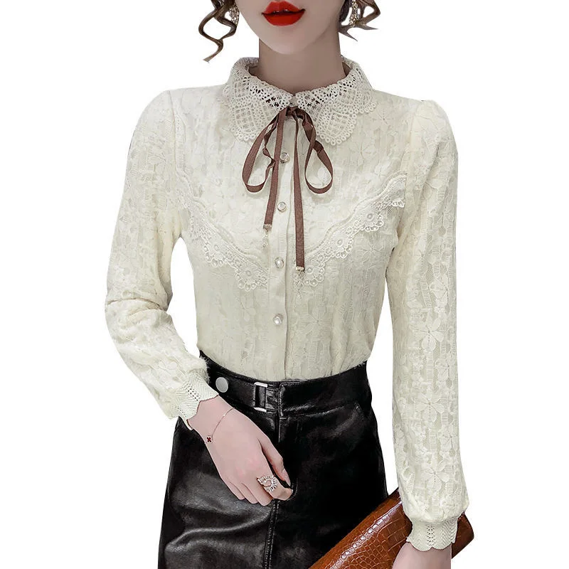 

2021 Модные топы, кружевная элегантная белая рубашка, женские рубашки с длинным рукавом, прозрачная блузка, укороченный дизайнерский бархатн...
