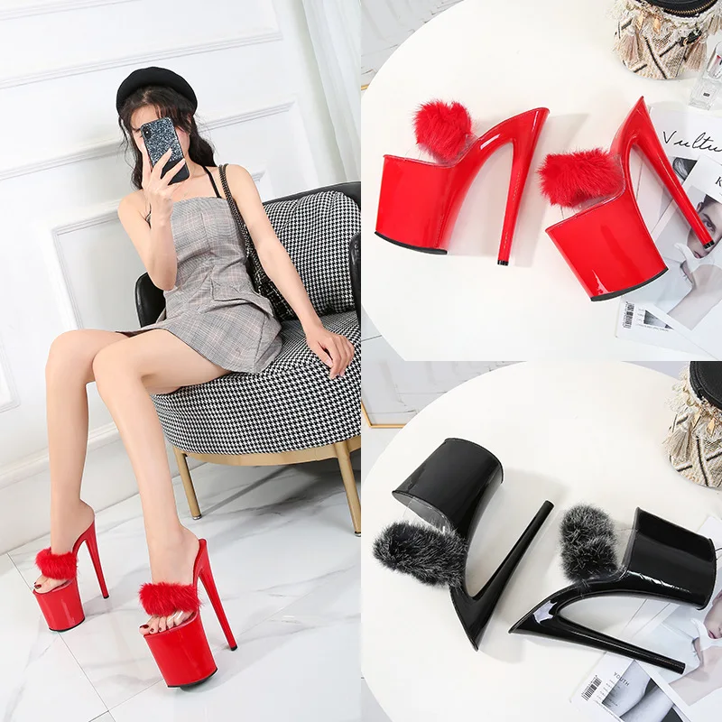 Nightclub Big Size Super Women's shoes Slippers All match Rabbit's hair Thin Heels Elegant Sexy Models Stage Show Fashion Sweet