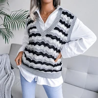 2021 autumn winter loose knitted vest sweater women v neck hollow striped vest sweater female waistcoat sleeveless chic tops