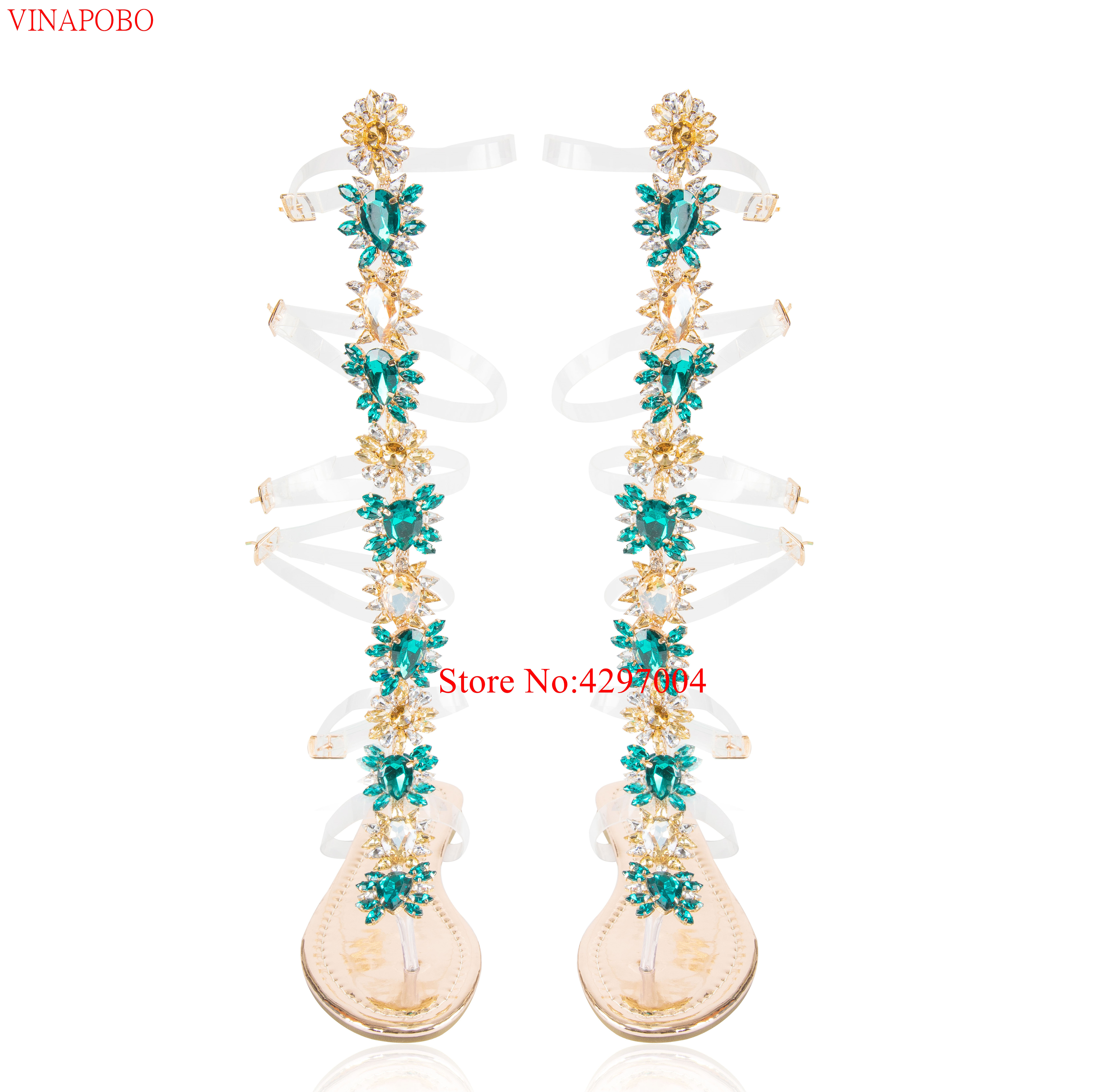 Роскошные сандалии-гладиаторы до колена на плоской подошве стразы в богемном