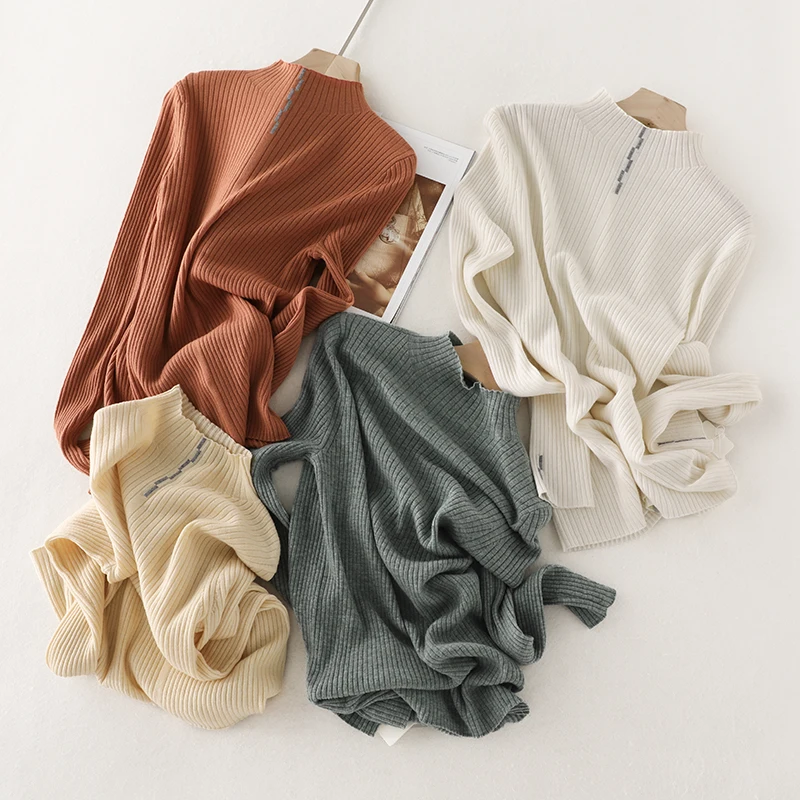 

Autumn Winter Sweater Women Normal Length Leisure Style Wool Sweater High Neck Long Sleeve Neckline Stripe Decoration Pullover