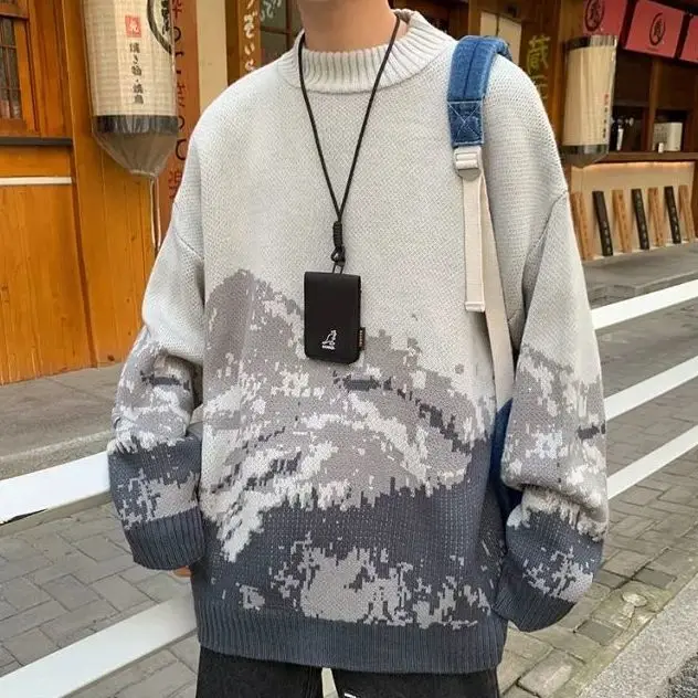 

Pullovers Women Oversize Personality Unisex Couples Mountain Peaks Knit Sweater Female New Winter Fashion Retro Daily Japanese