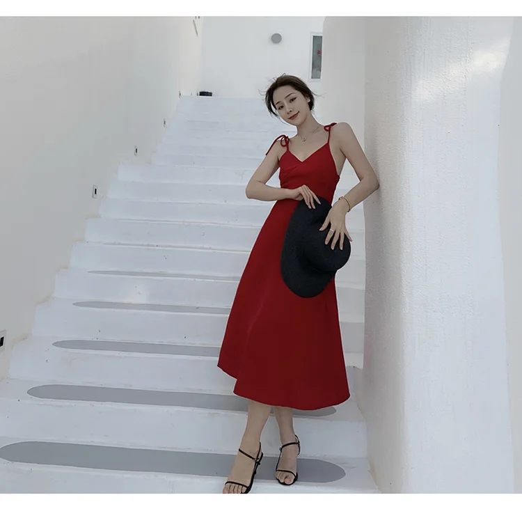 

XUXI Women Red Temperament, Halter Strap Dress, High Waist Slim Beach Dress, Female Summer 2021, E2151