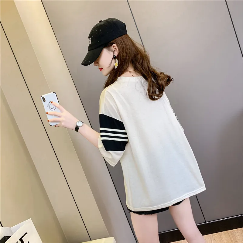 

Houthion Cotton Loose plus size Women's T-shirt Summer Fashion Casual New Korean O-Neck Short Sleeve Top Retro Loose Tops