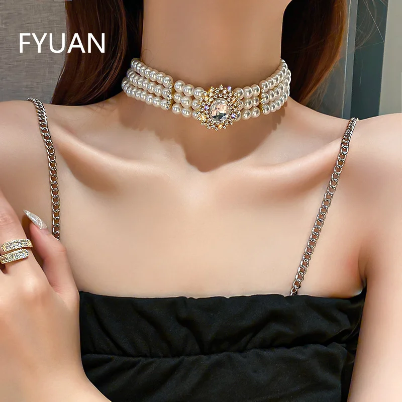 

FYUAN Vintage Palace Multilayer Pearl Choker Necklaces for Women Oval Geometric Crystal Necklaces Weddings Bride Jewelry