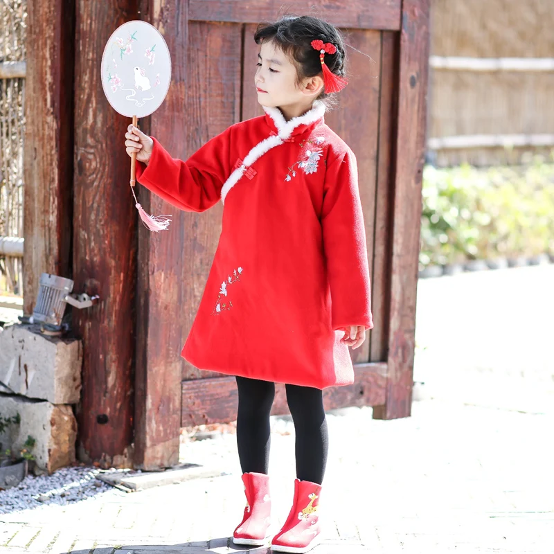 

Традиционная китайская зимняя куртка, платье, костюмы ханьфу для девочек, старинный ретро костюм Тан, новогодний костюм, чонсам, кимоно, оде...