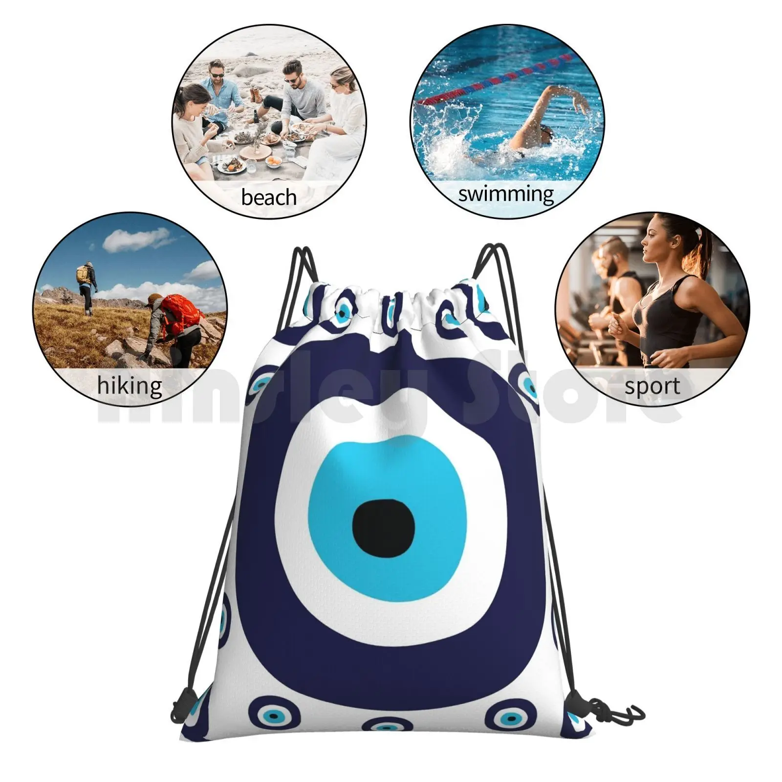 

Navy Blue And Aqua Nazar Evil Eye Lucky Charm Pattern Backpack Drawstring Bags Gym Bag Waterproof Nazar Amulet Evil Eye