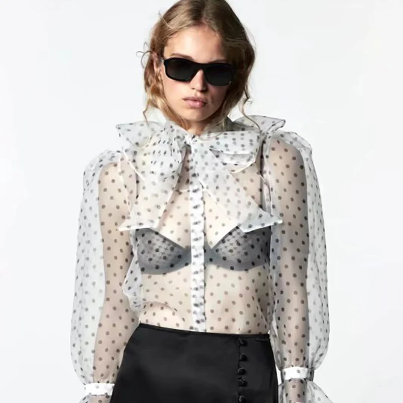 

Unizera 2021 Za women's autumn new bow decoration transparent women's wave dot translucent yarn shirt fashion