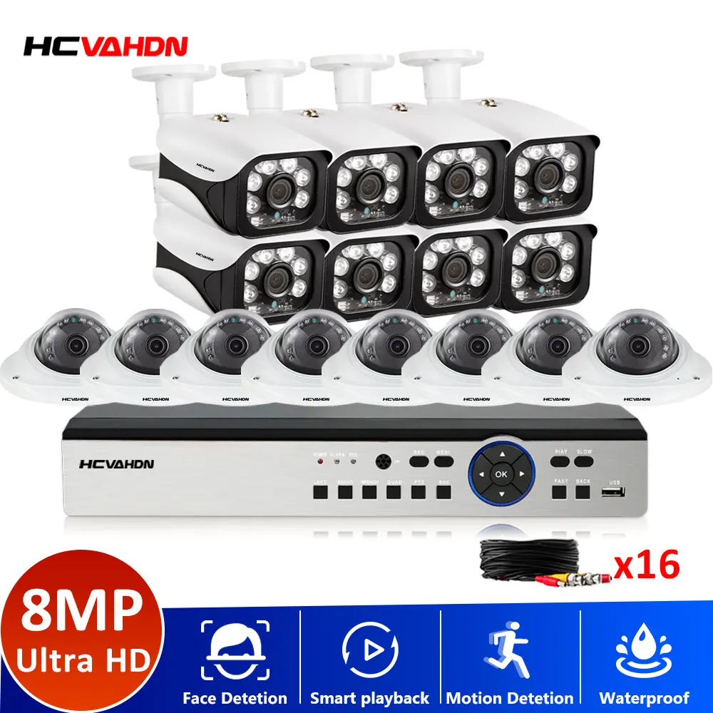 

HCVAHDN 16CH AHD DVR CCTV System 8MP IR Outdoor Waterproof Security Camera System Surveillance Kit Bullet&Dome Mixed pack