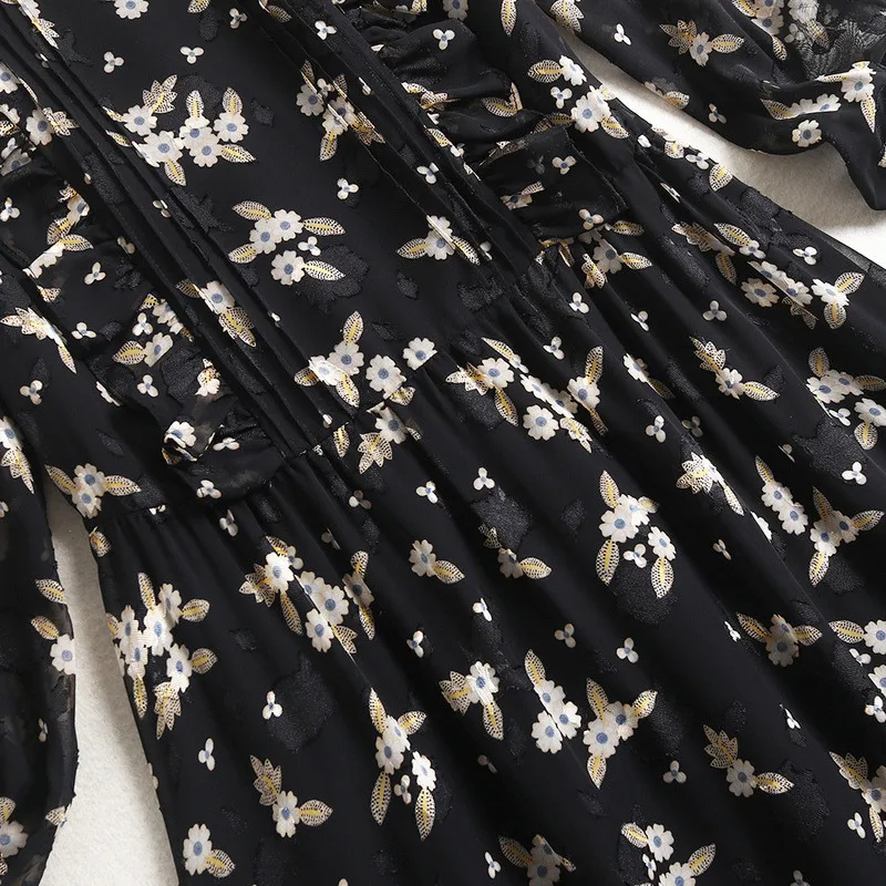 

Elegant Lady Bow Collar Ruffle Chiffon Print Dress Spring Woman Clothes Fashion Designers Vintage Robe Femme Holiday Vestidos