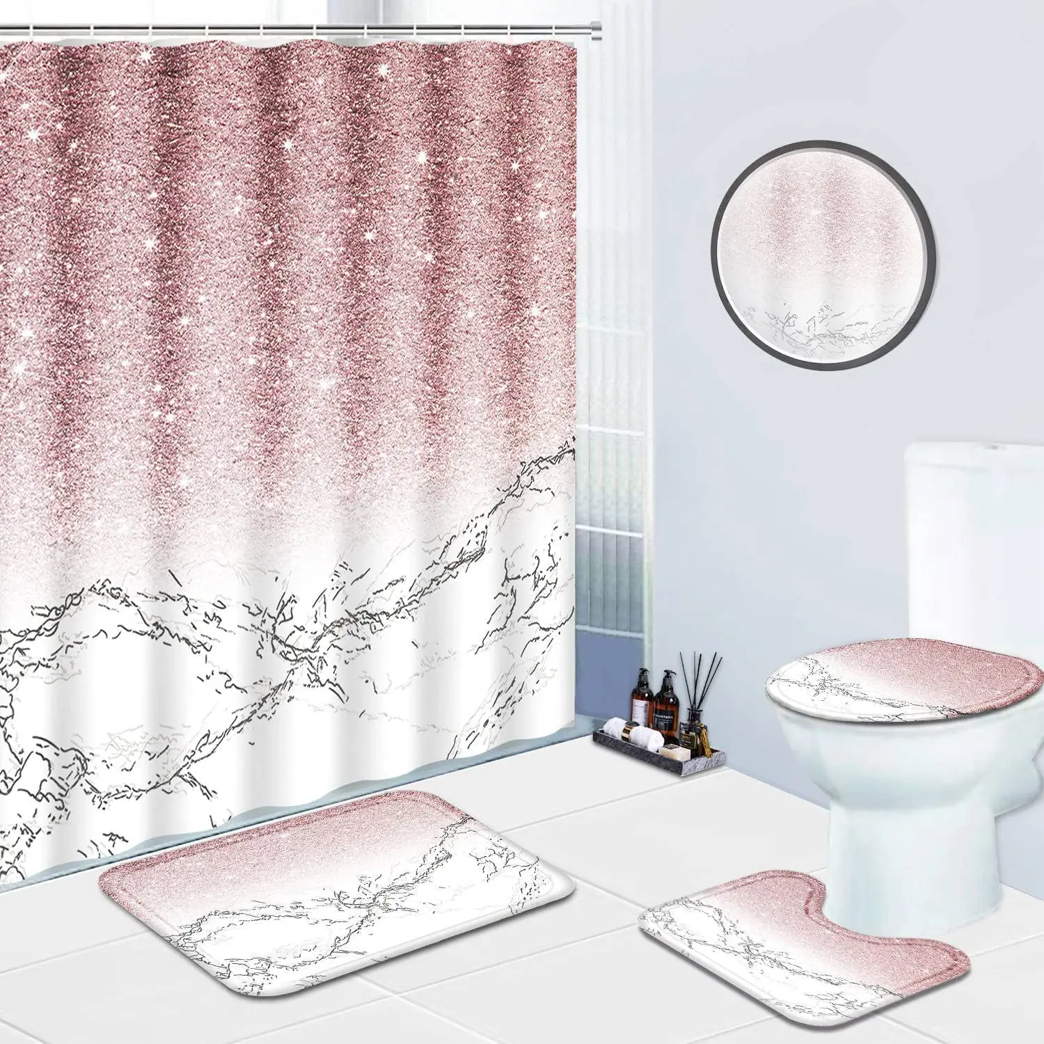 

Набор розовых и мраморных занавесок для душа, накидка на ковер, чехол для туалета, коврик для ванной, наволочка, занавеска для ванной, бытовая