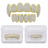 hip hop fang top bottom vampire teeth grillzs set gold silver color micro pave cz rhinestone bling iced out rapper mens jewelry