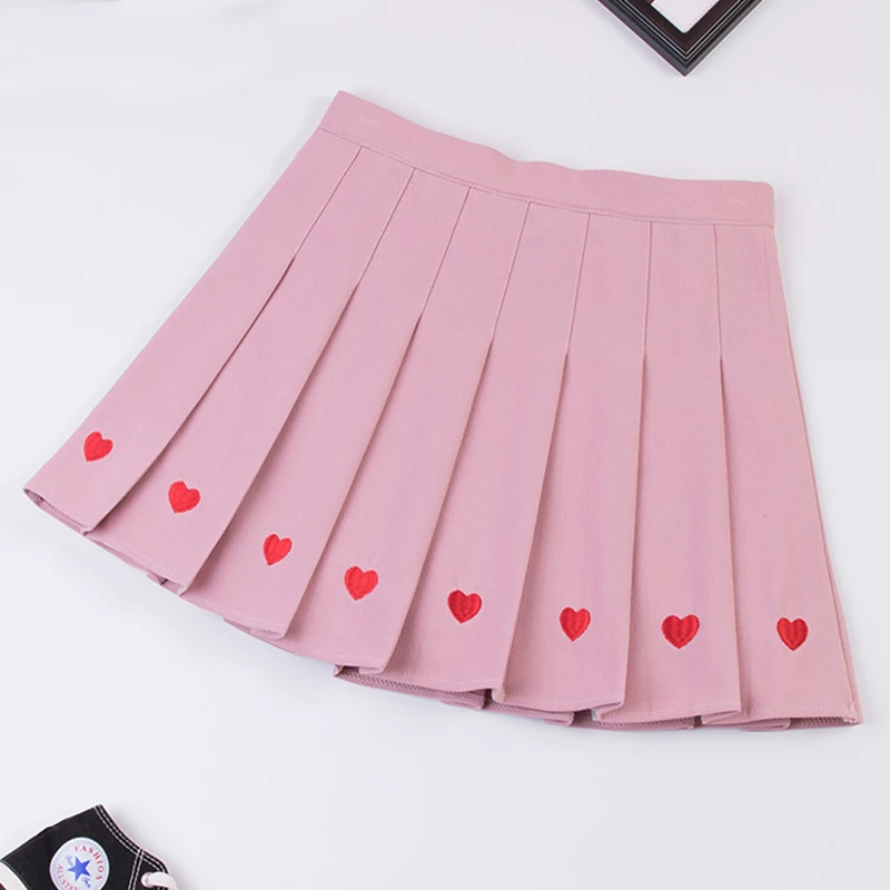 

Summer Women Pleated Skirt Black Pink Love Embroidered Preppy Elastic Waist Ladies High Waist A-Line Female JK Short Mini Skater